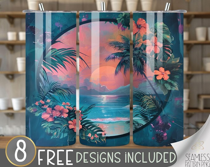 Beach Tumbler Wrap, Port Window 20 oz Tumbler Sublimation Designs, Boat Window Tumbler File, Summer Tumbler Design, Tropical Flower Tumbler