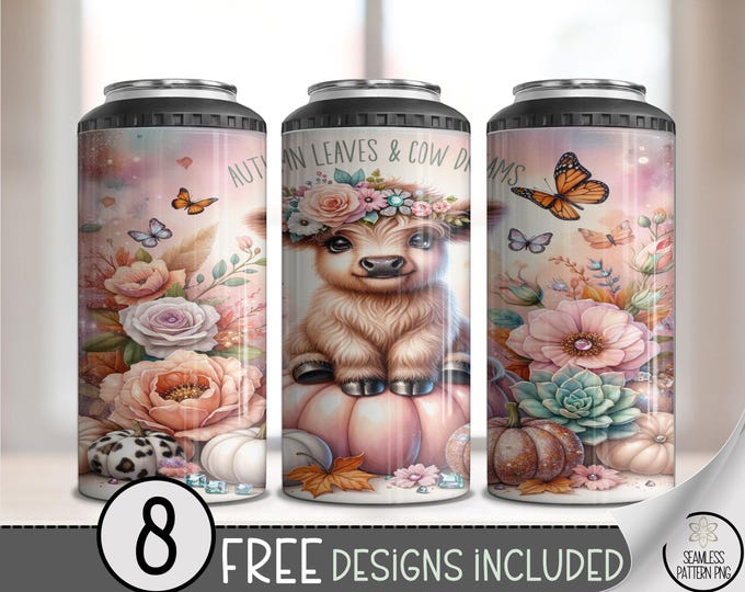 Autumn Highland Cow Can Cooler Wrap, 16 oz Charming Country Sublimation Design, Vintage Pastel 4in1 Can Cooler Wrap, A468
