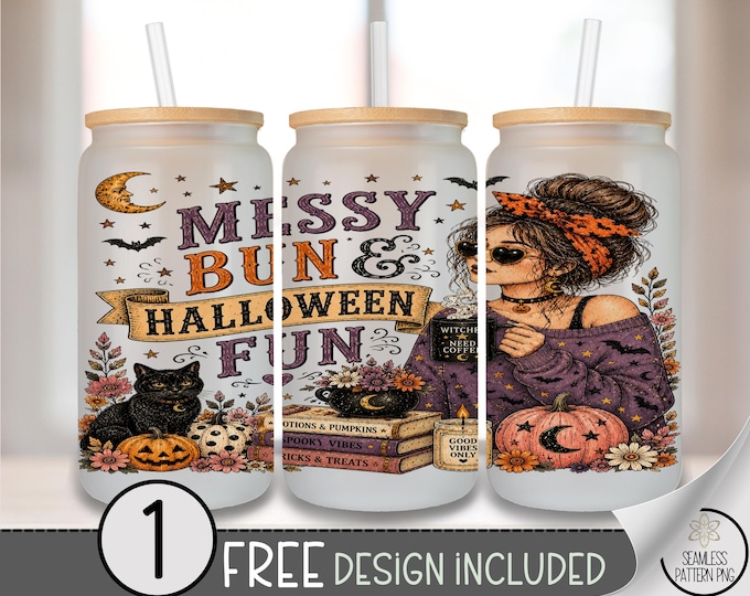 Halloween Messy Bun Glass Can Wrap, 16oz Tumbler Sublimation Design PNG, Digital Download, B10431