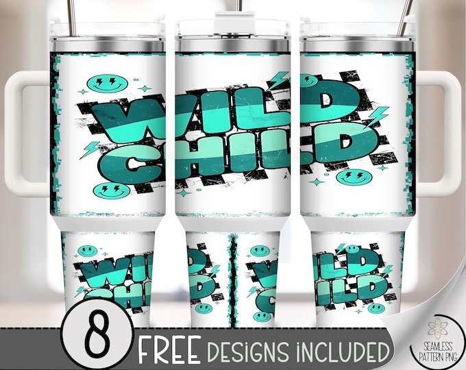 Wild Child 40 oz Tumbler Wrap PNG, Retro Sublimation Design, Teal Typography, Edgy Funky, Digital Download, A664