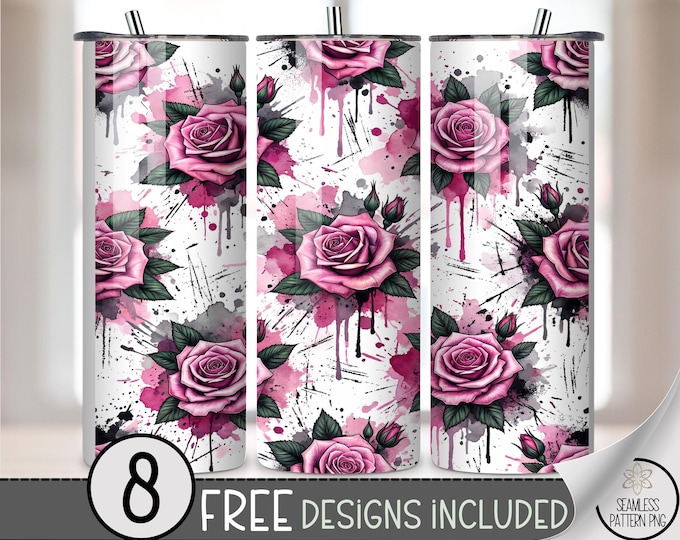 Pink Roses Tumbler Wrap, Gothic Floral Sublimation Design, Digital Download B920