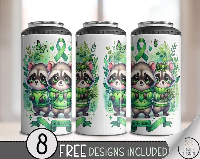 Green Squad Raccoon 4-in-1 Can Cooler Wrap PNG, 16 oz Cute Green Ribbon Awareness Sublimation Design, 4 in 1 Mental Health Can File, A352