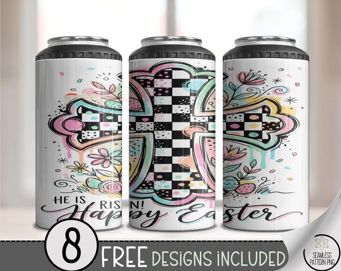 Easter Cross PNG, Checkered 4-In-1 Can Cooler Wrap, Pastel Sublimation Design, Digital Download, B883