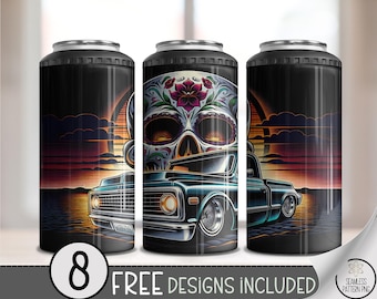 Chicano Lowrider 4-in-1 Can Cooler Wrap PNG, Sugar Skull Sublimation Design, Sunset Truck Art for Skinny Cooler or Car Show Wrap, A318