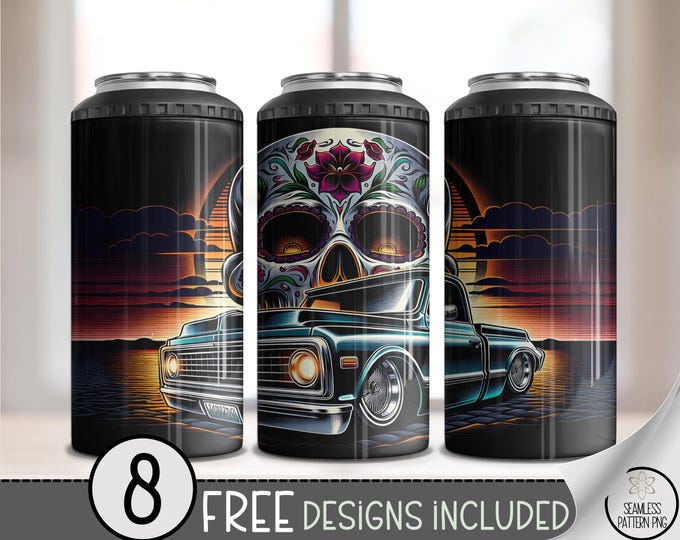 Chicano Lowrider 4-in-1 Can Cooler Wrap PNG, Sugar Skull Sublimation Design, Sunset Truck Art for Skinny Cooler or Car Show Wrap, A318