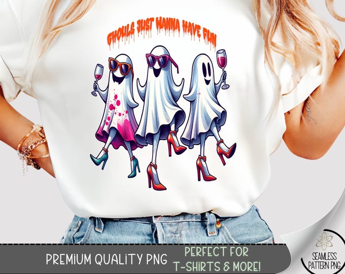 Fun Halloween Ghost T-Shirt PNG, Vintage Spooky Design with Dancing Ghosts, Cute Halloween Graphic for Sublimation, DTF, UV Printing A440