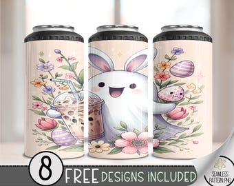 Cottagecore Easter 4 in 1 Can Cooler Wrap, Unique Easter 4in1 Tumbler PNG, Easter Ghost 16 Oz Can Cooler, Cute Coffee Ghost Sublimation