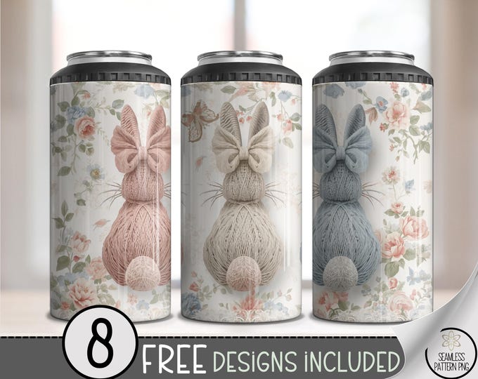 Knitted Bunny 4 in 1 Can Cooler Wrap PNG, Adorable Digital Download, Baby Shower, 16 oz Cozy Nursery Sublimation Design, A724