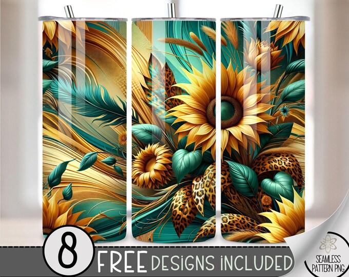 Leopard Sunflower Floral Tumbler Wrap, Vibrant Floral & Leopard 20oz Skinny Tumbler Wrap, Seamless Sunflowers Teal Bold Design Boho Chic