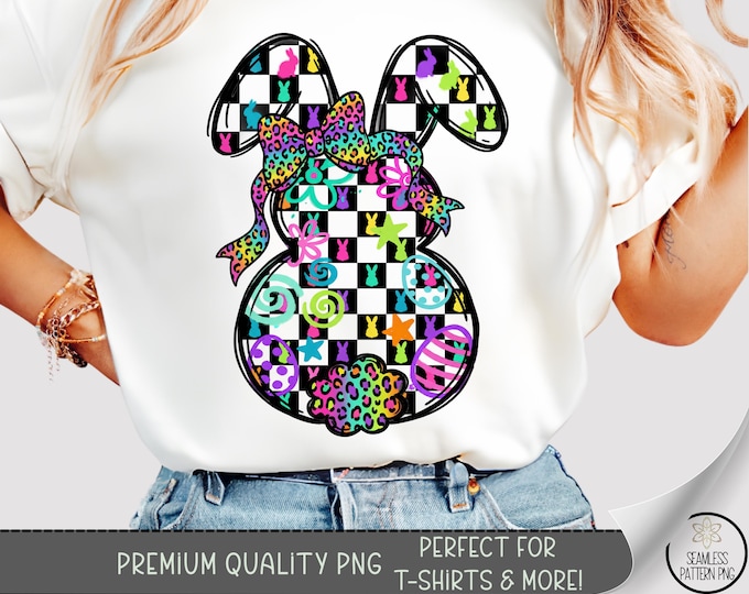 Checkered Easter Bunny PNG, Bright Sublimation Design, DTF Shirt Graphic (Digital Download) B881
