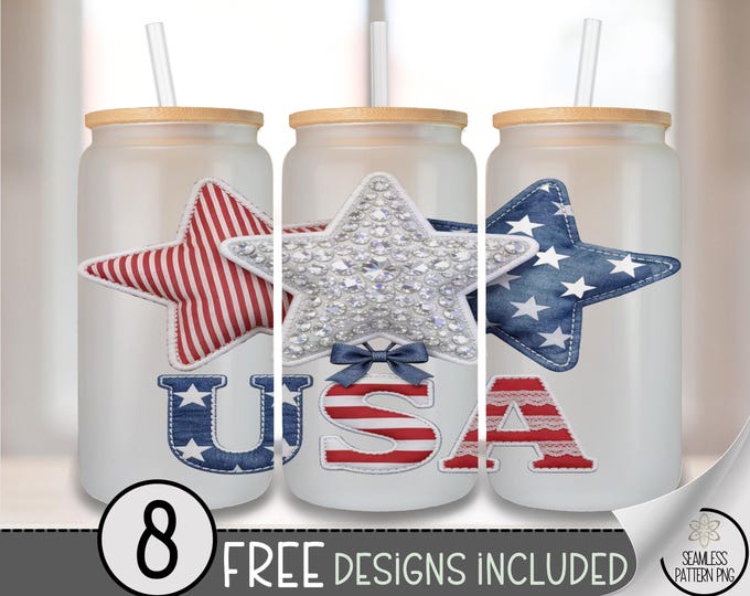 Patriotic Glass Can Wrap, Festive 16oz Tumbler Sublimation Design, Americana PNG File, Digital Download, B10181