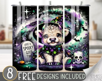 Cute Halloween Highland Cow Tumbler Wrap PNG, Galaxy Halloween 20 oz Skinny Tumbler Sublimation Design, Witch Highland Cow Tumbler Wrap