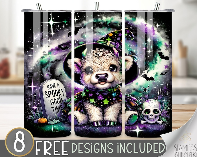 Cute Halloween Highland Cow Tumbler Wrap PNG, Galaxy Halloween 20 oz Skinny Tumbler Sublimation Design, Witch Highland Cow Tumbler Wrap