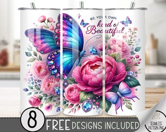 Butterfly Floral Tumbler Wrap,Sparkle Pink Blue Flower Sublimation Design,Elegant Nature Tumbler File,Gemstone Inspirational Sublimation PNG