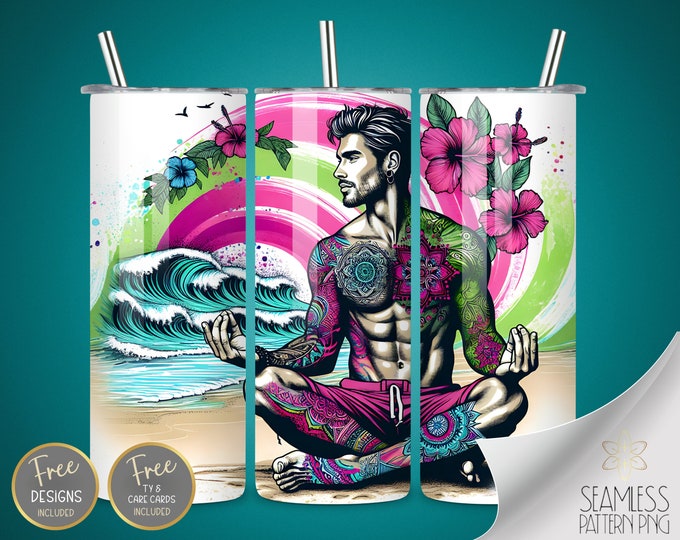 Hibiscus Mandala Tumbler, Meditating Man Tumbler, Tattoo Guy Sublimation File, Meditation PNG, 20oz Straight Tumbler Wrap, Instant Download