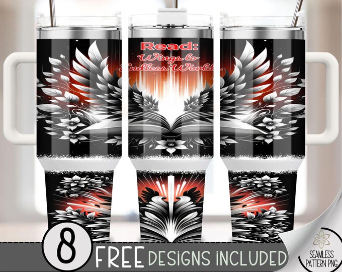 Read Book 40oz Tumbler Wrap, Tattoo Wings Tumbler Sublimation Design, Fantasy 40oz Quencher Tumbler Wrap PNG, Imagination World PNG, A80