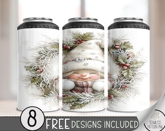 Christmas Gnome 4in1 Can Cooler Wrap, Winter Sublimation Design, Xmas 16 Oz Slim, Cute Gnome 4 in 1 Tumbler PNG, Wreath 16 Oz Can Cooler