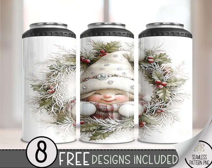 Christmas Gnome 4in1 Can Cooler Wrap, Winter Sublimation Design, Xmas 16 Oz Slim, Cute Gnome 4 in 1 Tumbler PNG, Wreath 16 Oz Can Cooler