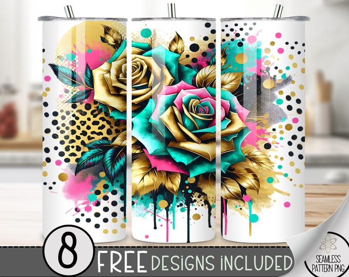 Rose Tumbler Wrap, Floral Straight Tumbler Wrap, Abstract Sublimation Design, Modern 20 Oz Skinny Tumbler Design, Floral Pop Art PNG File