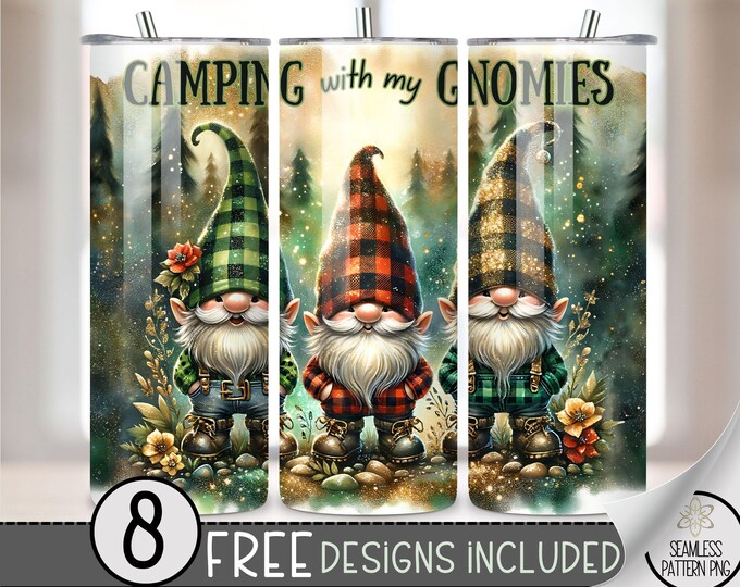 Camping Gnomes Tumbler Wrap, Mountain Forest 20oz Skinny Tumbler Sublimation Design, Gnomies Tumbler Wrap File, PNG, Full Seamless  File PNG