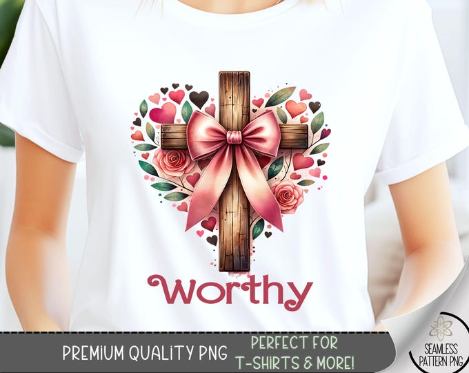 Worthy T-Shirt PNG, Motivational Digital Download, Inspirational Graphic Design, Cute Christian Cross Design, Sublimation Art for Women, A90