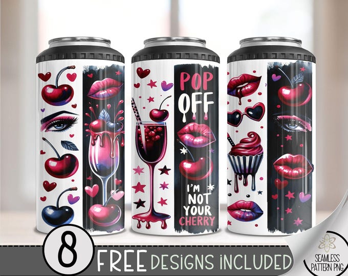 Red Cherry Kiss 4in1 Can Cooler Wrap, Sassy Dripping Lips 4 in 1 Tumbler PNG, Fizzy Red Wine & Sarcastic Cherry Hard Can Cooler PNG, A75