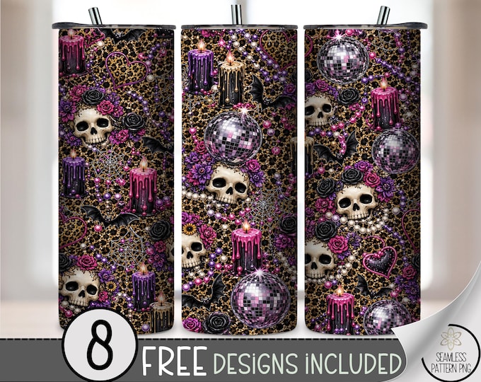 Halloween Skulls 20oz Tumbler Wrap, Seamless Sublimation Design for Straight Tumblers, Sparkly PNG Files, Digital Download, B10556