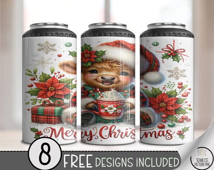 Cute Christmas 4in1 Can Cooler Wrap, Christmas Highland Cow Sublimation Design, Baby Cow with Cocoa Can Cooler wrap File A500