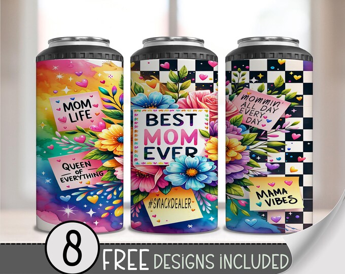 Best Mom Ever 4in1 Can Cooler Wrap, Floral Mama 4 in 1 Tumbler PNG, Checkered 16 Oz Can Cooler Sublimation Design, Racer Mom Flower PNG A220