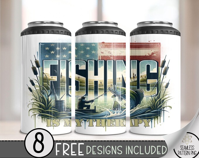 Bass Fishing Floral 4in1 Can Cooler Wrap, Patriotic Fisherman 4 in 1 Tumbler PNG, American Fish 16 Oz Can Cooler Sublimation Design