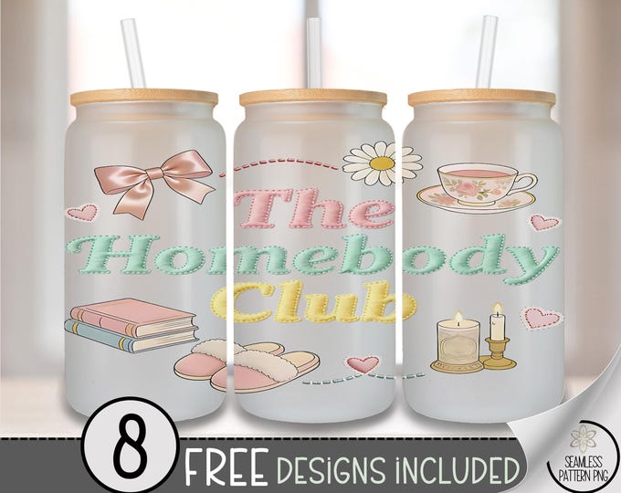 The Homebody Club PNG, Faux Yarn Glass Can Wrap Sublimation Design, Preppy Home Body PNG File, B861