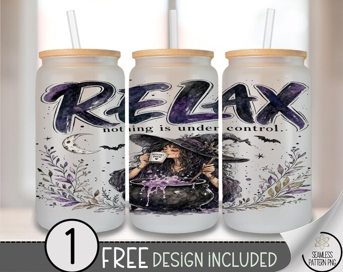 Halloween Glass Can Wrap, Witch Relax 16oz Tumbler Sublimation Design PNG, Digital Download, B10432