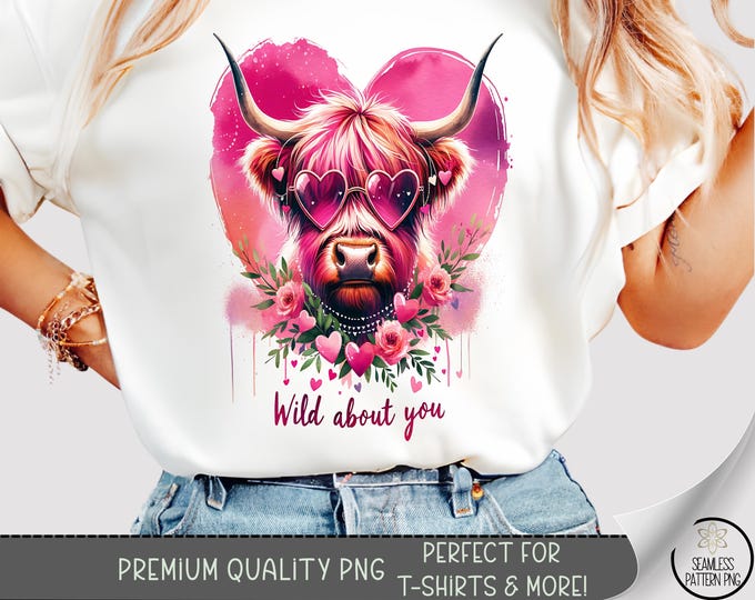 Retro Valentine T-Shirt PNG,  Cute Furry Cow with Hearts Sublimation, Cozy Valentine Animal Shirt Design, Love Cow PNG, A677