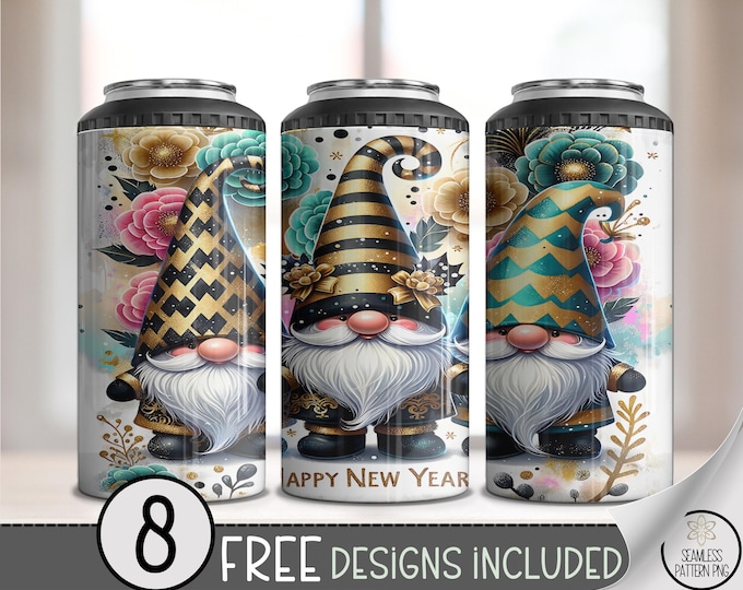 New Year Gnome 4 in 1 Can Cooler Wrap PNG, Adorable Gnome NYE, Digital Download, A703
