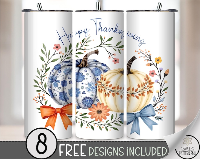 Festive 20 oz Tumbler Wrap: Happy Thanksgiving Digital Download Sublimation Design for Skinny Tumblers, Cozy Autumnal PNG Files A478