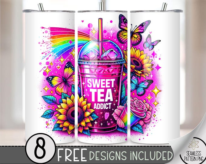 Sweet Tea PNG 20 oz Straight Tumbler Wrap Sublimation,Sunflowers Skinny Tumbler Design Files,Butterflies Digital Image Instant Download,A193