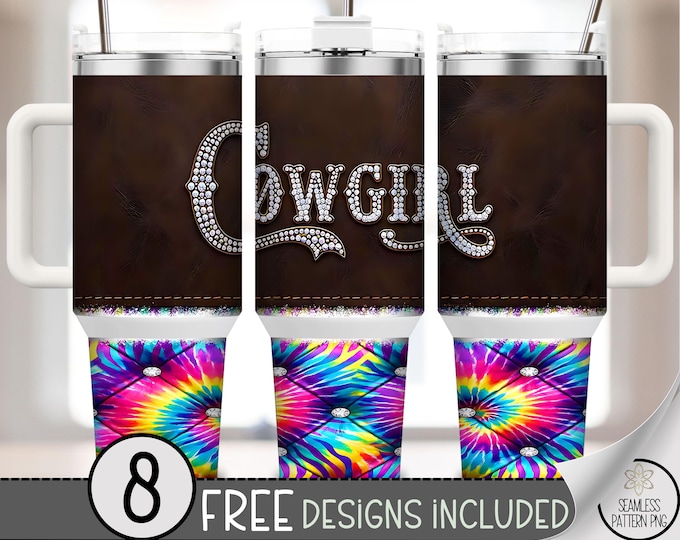Cowgirl PNG 40 oz Tumbler Wrap, Western Glam Sublimation Design With Colorful Rhinestones, Digital Download, B987
