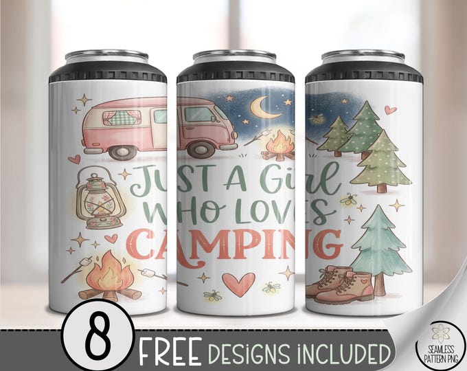 Camping 4-in-1 Can Cooler Wrap, Hand-Lettered "Just a Girl Who Loves Camping" Sublimation Design, Rustic Outdoors 16 oz 4-in-1, B10124