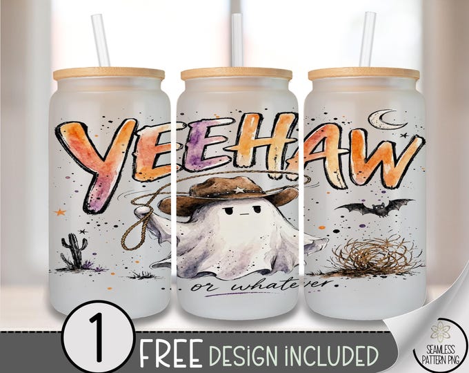 Yeehaw Ghost Glass Can Wrap, Halloween 16oz Tumbler Sublimation Design, Digital Download, B10439