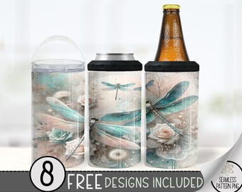 Dragonfly Can Cooler Wrap, Floral Dragonflies 16 oz 4-in-1 Cooler Sublimation, Boho Rose 16Oz Tumbler File, Ethereal Design File PNG