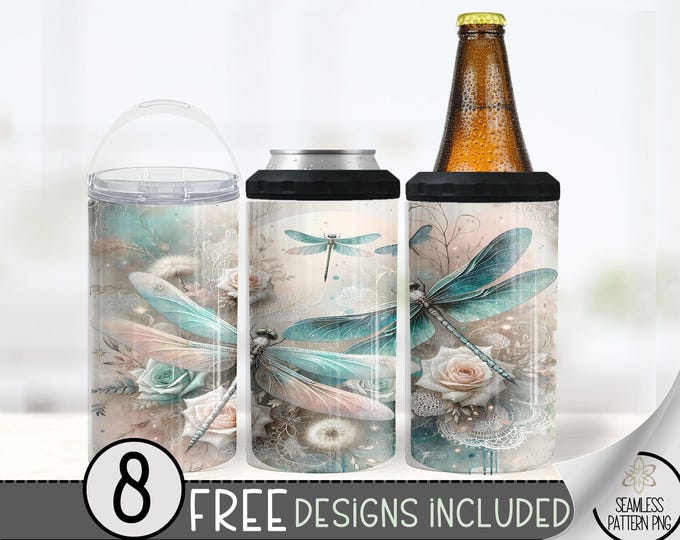 Dragonfly Can Cooler Wrap, Floral Dragonflies 16 oz 4-in-1 Cooler Sublimation, Boho Rose 16Oz Tumbler File, Ethereal Design File PNG