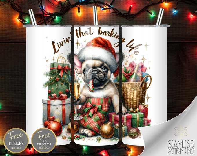 Cute French Bulldog, 20 oz Straight Tumbler Wrap Sublimation, Christmas Tumbler Design Files, Glitter Xmas Shopping Instant Download PNG