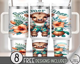 Highland Cow Summer Vibes 40 oz Tumbler Wrap PNG, Tropical Floral Cow, Bright Beach Sunglasses Sublimation Design, Summer Craft PNG, A377