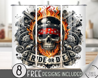 Motorcycle Tumbler Wrap, 20oz American Tumbler Wrap, 20 oz Straight Tumbler Png, Motorcycle Sublimation Tumbler, Red Bandana Skull, A176