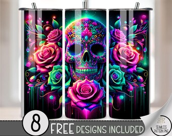 Neon Glow Skull 20 oz Tumbler Wrap PNG, Spooky Digital Download, Vibrant Sublimation Design, A588