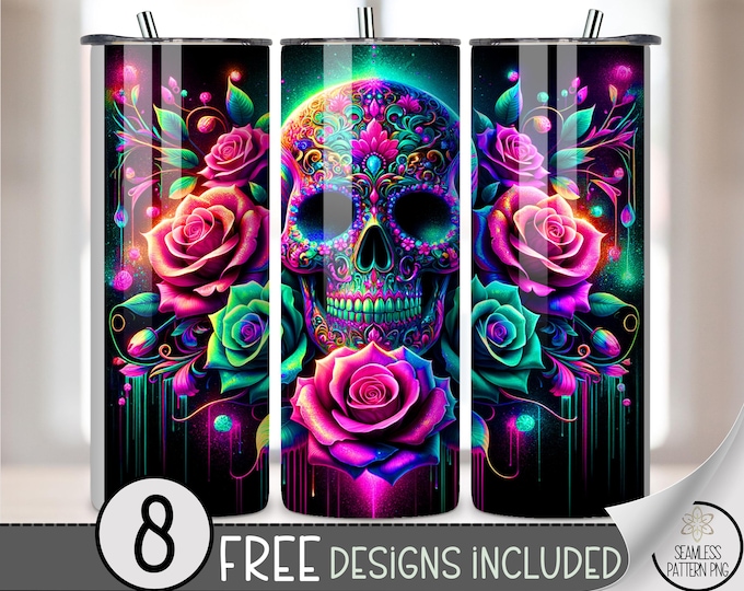 Neon Glow Skull 20 oz Tumbler Wrap PNG, Spooky Digital Download, Vibrant Sublimation Design, A588