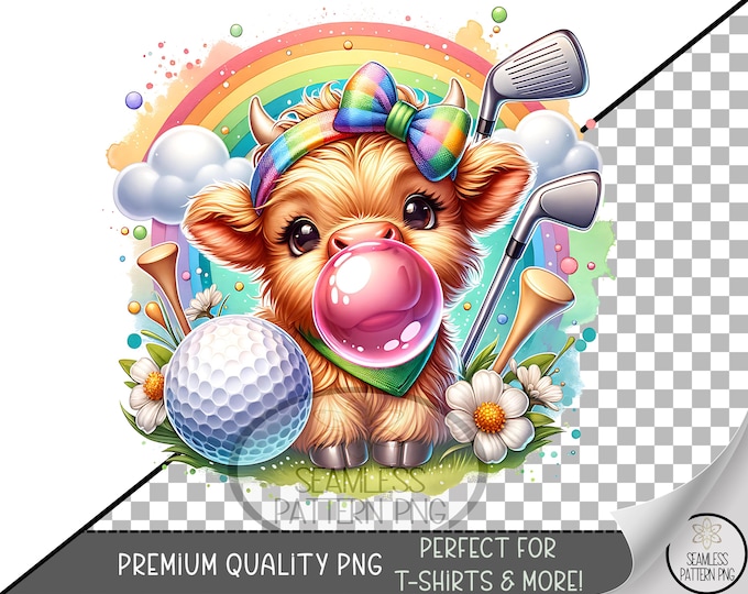 Golfer Highland Cow Sublimation Design, Cute Animal, Adorable UV DTF Graphic, Playful Digital Download, B796