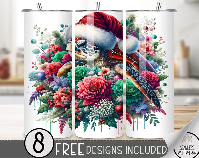 Cute Xmas Sea Turtle Tumbler Wrap, Tropical 20oz Skinny Tumbler Design, Christmas 20 oz Tumbler Wrap, Floral Christmas Tumbler Design