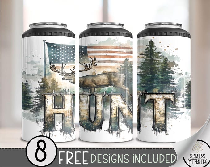 Deer Hunting 4 in 1 Can Cooler Wrap, Hunter 4in1 Tumbler PNG, Seamless American 16 Oz Can Cooler Sublimation Design, Forest Design PNG File