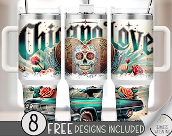 LA Chicano Cholo 40oz Tumbler Wrap, Chicano Style Lowrider Tumbler Sublimation Design, LA Floral Sugar Skull 40oz Quencher Tumbler PNG, A11